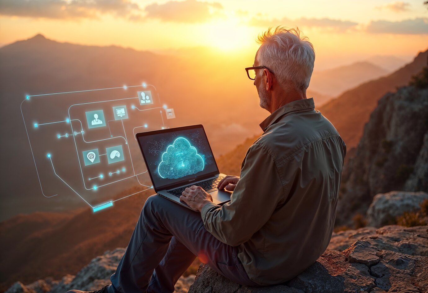 A professional working on a cloud platform from a mountaintop at sunrise