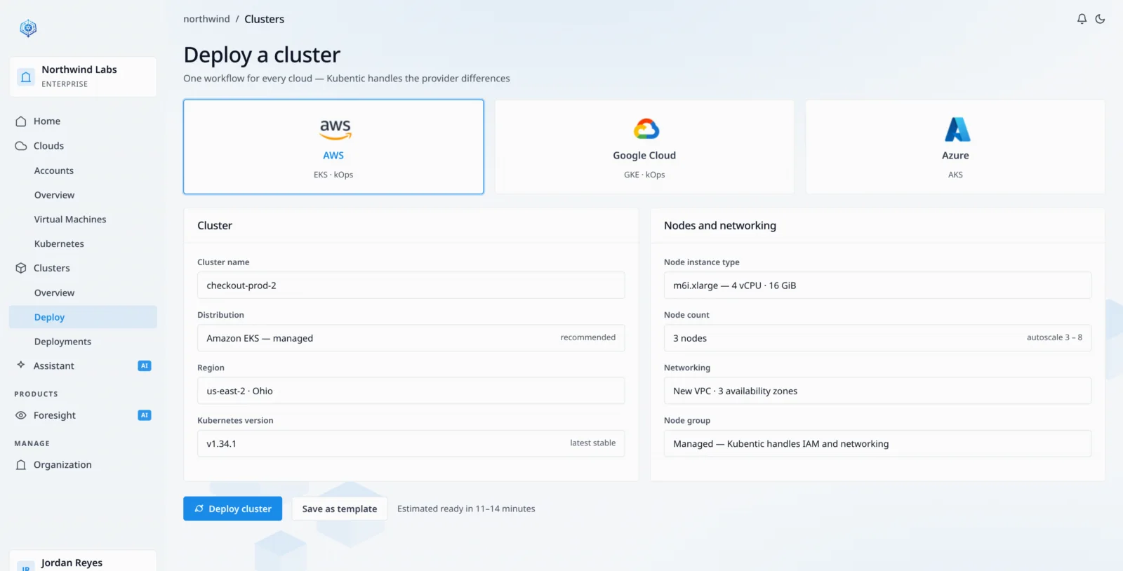 The Kubentic deploy screen, configuring a new cluster across AWS, Google Cloud and Azure