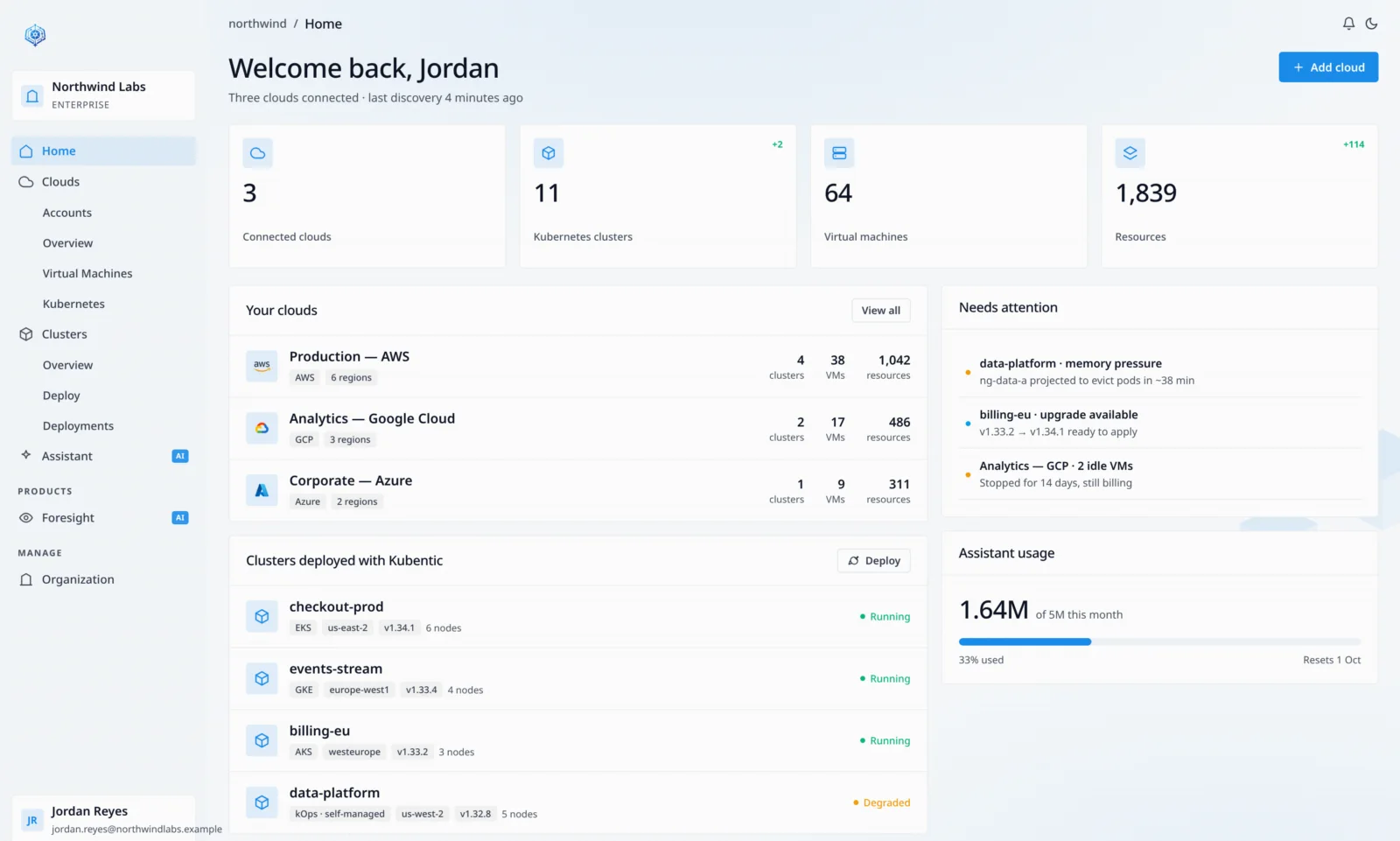 The Kubentic home dashboard, showing connected clouds, Kubernetes clusters and items needing attention