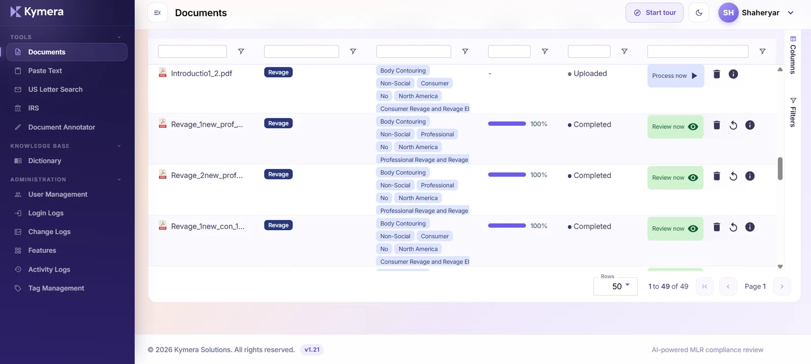 The Kymera document queue, showing processing status for regulated files