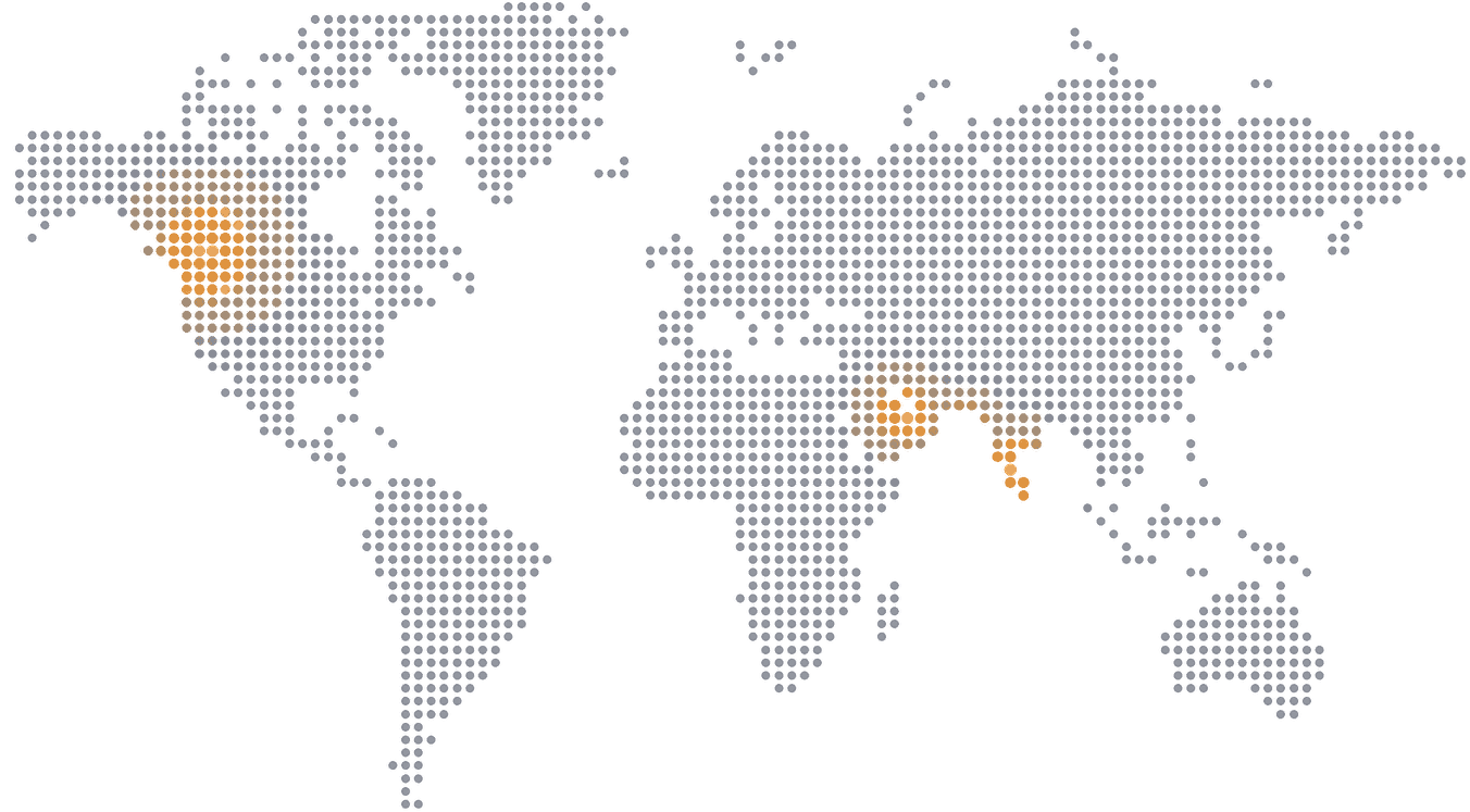 World map with Inabia's delivery regions highlighted: the Pacific Northwest around the Bellevue, WA headquarters, and the Gulf and South Asia around the Riyadh, Karachi and India hubs